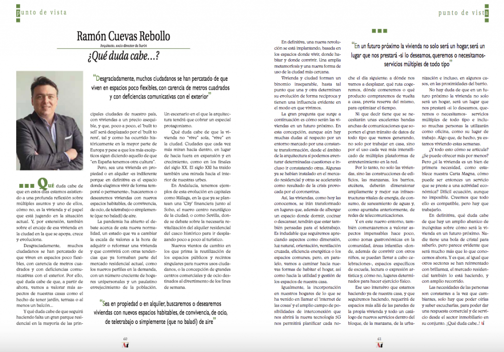 La revista ‘Andalucía Inmobiliaria’ publica un artículo de Ramón Cuevas sobre el futuro de las viviendas tras la cuarentena